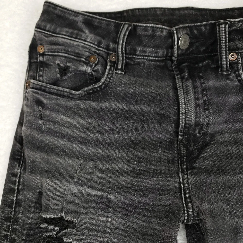 American Eagle Airflex+ Mens Skinny Distressed Jeans Washed Black 31x30 Patched